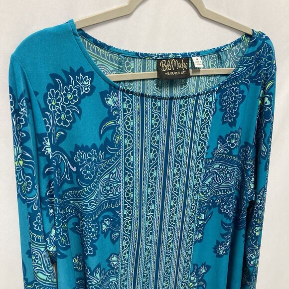 Bob Mackie Tunic Top Womens 1X Blue Paisley Long Sleeve Wearable Art - Picture 4 of 10